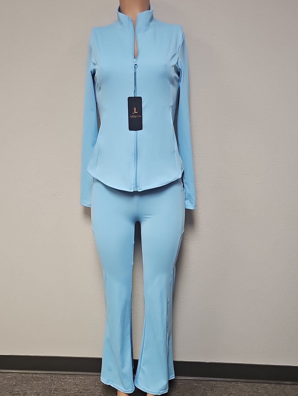 JM Collection Light Blue Zip-Front Jacket & Flare Pants Set